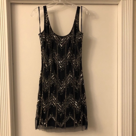 NEW Adrianna Papell Chevron Beaded Mesh Tank Dress in Navy [SZ 0 ]‎ - Picture 6 of 9